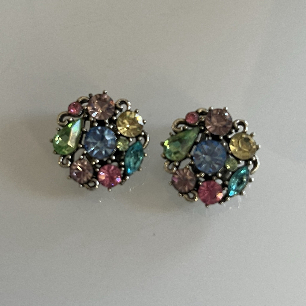 Lisner 1950s Pastel Rhinestone Earrings Clip On Fruit Salad Vintage Designer